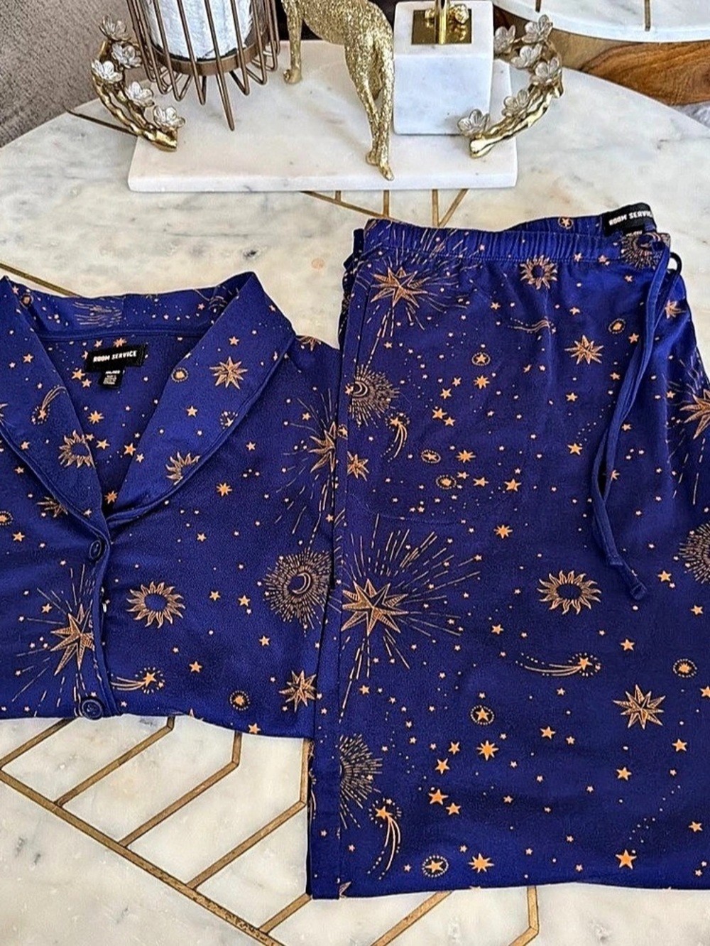 Room Service Star Print Pajama Set in Blue & Orange XL Like New